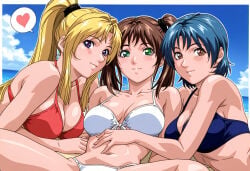 3girls accurate_art_style ai_generated alternate_costume amatsuki_jun beach bible_black bible_black_only big_breasts bikini bikini_bottom bikini_top breast_size_difference breasts brown_eyes brown_hair busty cleavage curvaceous curvy curvy_body curvy_female curvy_figure erect_nipples erect_nipples_under_clothes faithful_to_the_anime female female_focus female_only friends huge_breasts inviting inviting_to_sex jewelry kurimoto_maki light-skinned_female light_skin looking_at_viewer medium_breasts medium_hair multiple_girls naughty naughty_face naughty_smile nipple_bulge nipples no_bra no_bra_under_clothes outdoors parted_bangs ponytail purple_eyes revealing_swimsuit saeki_kaori sagging_breasts sandwich_position sandwiched seaside short_hair sidelocks skimpy skimpy_bikini slave_bikini smile smirk swimsuit take_your_pick teal_eyes teenage_female teenager threesome_invitation twintails uncensored voluptuous