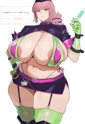 1girls areolae areolae_slip belt big_breasts black_skirt breasts comment fate_(series) female female_only florence_nightingale_(fate) florence_nightingale_(trick_or_treatment)_(fate) garter_straps gloves green_gloves green_thighhighs hair hand_on_hip handwear hat headwear holding_object huge_breasts large_breasts legwear nohohon nurse nurse_cap nurse_clothing nurse_uniform pencil_skirt pink_hair purple_thong red_eyes skirt solo solo_female syringe thighhighs thong white_background