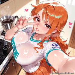 1girl 1girls ai_generated ass bangs big_breasts breasts breasts, brown_eyes camel_toe cameltoe cleavage clothed clothed_female curvy female female_focus female_only fringe fully_clothed ginger ginger_hair hetero high_resolution highres huge_breasts inviting inviting_to_sex kinkimya large_breasts lips long_hair looking_at_viewer milf nami_(one_piece) naughty_face nipples_covered nipples_visible_through_clothing one_piece orange_hair panties red_hair selfie sfw smile smirk solo solo_female solo_focus straight teeth tight_clothes tight_clothing v v_sign very_large_breasts