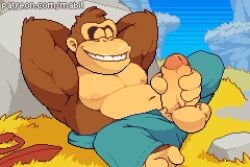 animated anthro ape autofootjob balls bara bodily_fluids bottomwear brown_fur cum cum_on_body donkey_kong donkey_kong_(series) ejaculation erection feet foot_fetish fur gay gorilla hands_behind_head mabit male male_only muscular muscular_male necktie nintendo nipples orgasm outside pecs penis primate solo tagme toes tongue tongue_out video