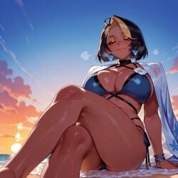 1girl 1girls ai_generated balecxi bangs beach bikini black_hair blonde_hair blue_bikini blue_sky blush bracelet breasts choker cleavage clothing cloud crossed_legs curvaceous curvaceous_female curvaceous_figure curvy curvy_figure dark-skinned_female dark_skin day domina earrings evening eyeshadow feet_out_of_frame female female_focus flower gradient_sky halterneck inviting inviting_to_sex jacket_on_shoulders jewelry large_breasts lips looking_at_viewer makeup mole multicolored_hair ocean outdoors overwatch presenting presenting_ass presenting_breasts presenting_hindquarters presenting_self red_eyes seductive seductive_look seductive_smile shiny_skin short_hair side-tie_bikini_bottom sitting sky smile solo streaked_hair sunset swimsuit thighs triangle_earrings two-tone_hair vaira_singhania voluptuous voluptuous_female water wet