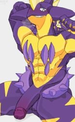 5_fingers abs anthro big_penis blonde_hair blush electrical_hair electricity fingers generation_8_pokemon genitals hair humanoid_genitalia humanoid_penis male markings muscular nintendo nsiminin penis pokemon pokemon_(species) pseudo_hair purple_body purple_penis simple_background smile solo toxtricity white_background yellow_body