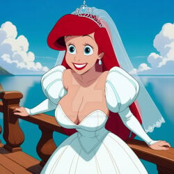 1girls ai_generated ariel_(the_little_mermaid) arms big_breasts blue_eyes breasts cleavage disney disney_princess earrings female female_only hands huge_breasts human jewelry large_breasts lips lipstick long_hair outdoors outside red_hair red_lipstick sexy-villains sky smile smiling teeth the_little_mermaid_(1989_film) wedding_dress woman