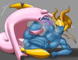 alien bestiality big_penis blue_body bodily_fluids duo femboy feral gastropod genitals hi_res humanoid humanoid_genitalia humanoid_penis hung_bottom hung_femboy littlebird7284 long_tongue male male/male mollusk penis purple_eyes sharp_teeth slug spread_legs spreading sweat teeth tongue