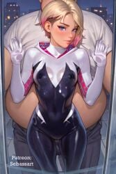 against_glass ai_generated blonde_hair blue_eyes blush bodysuit defeated fit gwen_stacy gwen_stacy_(spider-verse) looking_at_viewer mature_female paid_reward_available patreon petite pressed_against ryona sebassart sexy size_difference slim_waist spider-gwen subdued sweat tight_clothing train train_interior wide_hips