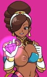 1990s_(style) 1girl braid breast_slip breasts brown_eyes brown_hair dark-skinned_female dark_skin earrings female_focus gem gloves hair_over_one_eye hairband jewelry large_breasts long_hair midriff navel nipples one_breast_out power_stone rouge_(power_stone) single_braid smile solo upper_body watatanza white_gloves