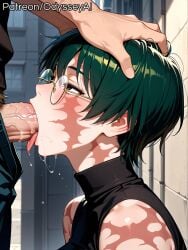 1boy 1girl 1girls ai_generated balls ballsack bare_shoulders big_balls big_penis blowjob blush blush_lines blushing blushing_female breasts brown_eyes clothed clothed_female clothed_sex clothing deepthroat female female_focus forced forced_oral glasses grabbing grabbing_head green_hair head_grab huge_cock huge_penis jujutsu_kaisen large_penis light-skinned_female light_skin maki_zenin male male/female mouth_open odysseyai open_mouth oral oral_penetration oral_sex outdoors outside penis saliva saliva_drip saliva_on_penis saliva_string saliva_trail scar scars submissive submissive_female sucking sweat sweatdrop sweating sweaty tongue tongue_out tongue_out_blowjob turtleneck vein veins veiny veiny_penis zenin_maki