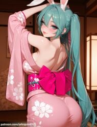 1girl ai_generated animal_ear_fluff animal_ears aqua_eyes aqua_hair arlequin097 arms_up ass back bare_back bare_shoulders blurry blurry_background blush breasts closed_mouth cowboy_shot floral_print from_behind hair_between_eyes hatsune_miku heart-shaped_pupils huge_ass indoors japanese_clothes kemonomimi_mode kimono large_breasts lips long_hair long_sleeves looking_at_viewer looking_back median_furrow obi off_shoulder pink_bow pink_kimono pink_sash print_kimono rabbit_ears red_lips sash shoulder_blades sideboob smile solo symbol-shaped_pupils tatami twintails very_long_hair vocaloid wide_sleeves