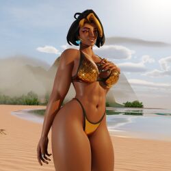 1girl beach beach_background big_breasts bikini dark-skinned_female dark_skin dark_skinned_female domina hand_on_breast indian indian_female overwatch overwatch_2 solo tagme