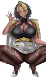 1girl absurdres activision big_breasts black_panties blizzard_entertainment blush breasts cleavage cleavage_cutout clothing_cutout coat coat_on_shoulders colored_bangs commentary crystal_earrings dark-skinned_female dark_skin desi domina domina_(overwatch) earrings fellatio_gesture gold_bracer gold_trim high_heels highres huge_breasts jewelry mazzi multicolored_hair overwatch panties pantyhose pencil_skirt single_bracer skirt sleeveless solo squatting tan thighs torn_clothes torn_pantyhose two-tone_hair underwear vaira_singhania white_background white_skirt