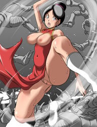 black_hair breasts censored chichi dragon_ball dragon_ball_z dress female highres human saibaiman selective_color takimoto_dojo