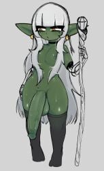 big_penis bodily_fluids choker clothing ear_piercing ear_ring eyeliner femboy genitals goblin hair hi_res huge_penis humanoid humanoid_pointy_ears jewelry legwear long_hair makeup male markings mole_(marking) necklace nude penis piercing pointy_ears probablyavv prosthetic prosthetic_arm prosthetic_limb ring_piercing solo staff sweat thigh_highs white_hair yellow_eyes