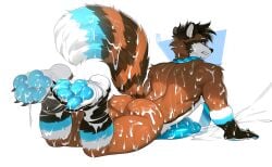 2026 absurd_res accessory anthro azaz bluch_(artist) blue_body blue_eyes blue_fur blue_penis bodily_fluids bulge butt claws clothing cum cum_drip cum_on_back cum_on_body cum_on_butt cum_on_face cum_on_feet cum_on_leg cum_on_tail dripping dripping_penis ejaculation erection feet fluffy footwear fur genital_fluids genitals hi_res humanoid_genitalia humanoid_penis male mammal markings multicolored_body multicolored_fur muscular muscular_anthro muscular_male necktie nude orgasm orgasm_face paws paws_in_socks penis procyonid raccoon raccoon_tail rear_view ring_(marking) ringed_tail simple_background socks solo striped_markings striped_tail stripes sweat tail tail_markings torn_clothing torn_footwear torn_socks wet white_background