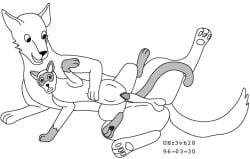 1996 abdominal_bulge animal_genitalia balls canid canine canis dated domestic_cat domestic_dog dominant duo erection felid feline felis female feral genitals knot_root knotting larger_dom low_res lying male male/female mammal monochrome nude on_side questionable_consent sheath simple_background size_difference spread_legs spreading tail toony urbanhermit white_background