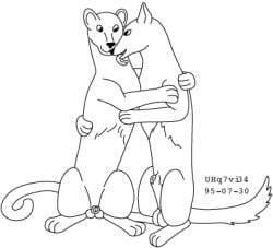 1995 animal_genitalia balls black_and_white canid canine canis cougar dated duo felid feline feral fur genitals hug hugging_another interspecies licking low_res male mammal monochrome sheath simple_background sitting tail tongue toony urbanhermit white_background wolf
