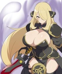 1girl aegislash alternate_breast_size_(larger) big_breasts black_eyes black_thighhighs blonde_hair breasts cleavage commentary_request cynthia_(pokemon) game_freak hair_ornament hair_over_one_eye holding holding_sword holding_weapon large_breasts long_hair looking_at_viewer mituyota_76 nintendo pokemon pokemon_(creature) pokemon_diamond/pearl/platinum pokemon_dppt purple_background solo sword thighhighs thighs weapon