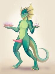 absurd_res agamid anthro baked_goods beverage coffee coffee_mug cookie enchanted_item erection food frill_(anatomy) frilled_lizard genitals green_body green_scales head_crest head_frill heterochromia hi_res lizard logo long_tail magic magic_user male nude penis plate reptile scales scalie slit_penis solo soren_(golddrake) tail tapering_penis yumiix