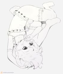 5_fingers anthro armwear balls blush blush_lines bra cheek_tuft closed_smile clothing erection eyelashes facial_tuft femboy fingers foreskin frilly frilly_clothing genitals hair humanoid_genitalia humanoid_penis legwear lying male mammal monochrome mouth_closed panties patreon patreon_logo penis powfooo scut_tail short_tail simple_background smile solo tail text tuft underwear url white_background