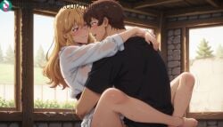 1boy 1girls ai_generated artist_name artist_signature barefoot blonde_hair blush bra breasts brown_eyes brown_hair couple eye_contact face-to-face feet gina_(solo_leveling) hetero hi_res high_resolution highres indoors kurutai long_hair looking_at_another shirt sitting solo_leveling subscribestar subscribestar_username sweat uncensored underwear wet