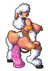 anus ass big_breasts breasts demien dildo female hooves jewelry looking_back penetration piercing plain_background sex_toy sheep sideboob solo vaginal_penetration