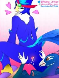 absurd_res ambiguous_fluids anthro anus avian avian_feet beak birdie_(kindle) blue_body blue_feathers bodily_fluids butt butt_grab close-up comic cum cum_in_vagina cum_inside cum_on_penis cunnilingus dialogue duo erection feathers feet female generation_9_pokemon genital_fluids genitals hand_on_butt hands_behind_back hi_res humanoid legs_up male male/female nintendo nude open_beak open_mouth oral penetration penis pluma_artist pokemon pokemon_(species) quaquaval sex spread_vulva spreading tail tail_feathers tongue vaginal vaginal_fluids vaginal_penetration vulva white_body white_feathers