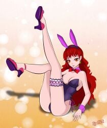 1girl absurdres animal_ears blue_eyeshadow bow bowtie breasts captain_syrup eyeshadow highres makeup nintendo playboy_bunny rabbit_ears red_eyes red_hair red_lips solo traditional_bowtie wario_(series) wario_land wario_land:_shake_it!