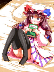 black_legwear blush book dress female female_only hair_ribbon hat holding holding_book human kawasumi_yuuto long_hair lying multicolored_dress no_panties on_back patchouli_knowledge pillow pink_dress purple_dress purple_eyes purple_hair pussy ribbon solo striped striped_dress thighhighs touhou uncensored