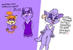 anthro bobcat bodily_fluids braces breasts clothing cum cum_inside dress ear_penetration electronics english_text facial_tuft felid feline female fur genital_fluids genitals hi_res holding_object holding_phone inner_ear_fluff komimoon looking_pleasured lynx mammal nipples nude oblivia_(bubsy) orange_body orange_fur penetration phone purple_body scarf small_breasts solo tail terri_bobcat_(bubsy) text tuft vaginal_fluids vulva