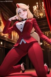 1girl ai_generated blonde_hair breasts buttons charlie_morningstar_(hazbin_hotel) formal hazbin_hotel hi_res high_heels high_quality high_resolution horns indoors jacket large_breasts long_hair long_sleeves looking_at_viewer pants patreon patreon_username red_eyes red_jacket seductive sexy smile solo spicytoonai suit uncensored very_long_hair watermark web_address yellow_eyes