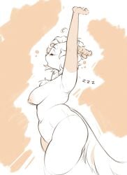 anthro breasts felid feline female hi_res kirikatt mammal nipples sleeping slightly_chubby solo sound_effects stretching tail thick_thighs tired vowelless vowelless_sound_effect wide_hips zzz