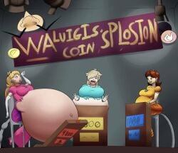 3girls about_to_burst clothes_ripping destroyed_object gameshow hose_in_butt hose_inflation huge_belly inflation large_breasts mario_(series) princess_daisy princess_peach princess_rosalina ready_to_pop smug_face theneverwere worried_expression