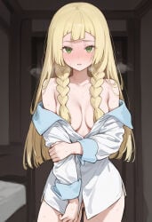 1girls ai_generated bangs blonde_female blonde_hair braided_hair braids breasts breasts_out cute green_eyes half-dressed innocent lillie_(pokemon) myuto pokemon pokemon_sm white_dress young younger_female