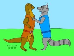 2001 animal_genitalia anthro balls belt blue_clothing brown_clothing clothing colored dated duo fur genitals grass grey_body grey_fur male male/male mammal mustelid otter outside penis plant procyonid raccoon sheath sky smile standing tail talking_to_another teeth urbanhermit