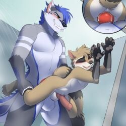 1:1 2025 anal anal_penetration animal_genitalia animal_penis anthro balls bathing black_body black_fur blue_body blue_eyes blue_fur blue_hair blush brown_body brown_fur canid canine canine_genitalia canine_penis canis duo ear_piercing erection eyes_closed fur fur_markings genital_piercing genitals grey_body grey_fur griev hair hi_res jailbird knot lincoln male male/male mammal markings pawpads penetration penile penile_penetration penis penis_in_ass penis_piercing piercing procyonid raccoon red_eyes red_penis showering size_difference wolf