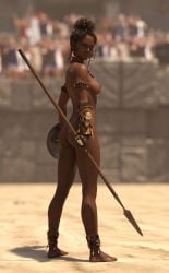 1girls 3d ass big_ass breasts curly_hair dark-skinned_female dark_skin female jayyboww nipples nude original original_character shield small_breasts solo spear weapon