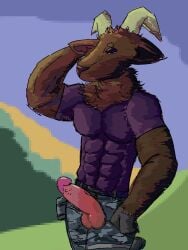3:4 abs anthro bovid camo camo_clothing camo_print caprine clothing epic_games fortnite genitals goat half-closed_eyes hi_res hooves horn male mammal narrowed_eyes pattern_clothing pecs penis raised_arm rudolph4444 shirt solo standing t-shirt the_goat_(fortnite) topwear