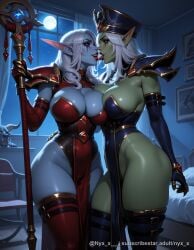 2girls ai_generated armor bed blue_skin breast_press breasts cleavage colored_sclera colored_skin dress elbow_gloves elf eye_contact french_kiss full_moon gloves green_skin hat highleg holding holding_staff indoors kiss large_breasts leotard long_hair looking_at_another moon multiple_girls night night_sky no_panties nyx_x orc pauldrons pelvic_curtain pointy_ears questionable red_eyes red_gloves sensitive shoulder_armor single_pauldron skull sky staff standing thick_thighs thighhighs thighs tongue tongue_out undead white_hair window world_of_warcraft yuri