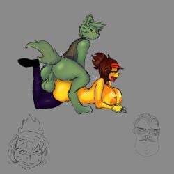ahe_gao big_breasts blush brown_hair drooling duo from_behind fucked_from_behind furry green_hair green_skin lying_on_stomach nipples open_mouth pinned_down roblox saliva shitpost simple_background survivor_(mermio) thighs yellow_body