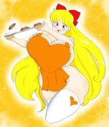 1girls alternate_version_at_source apron big_breasts bishoujo_senshi_sailor_moon blonde_female blonde_hair blue_eyes blush blushing bow breasts breasts_bigger_than_head color_edit colored cookie gibberish_(artist) hair_ornament large_breasts long_hair looking_at_viewer lurking_judgement minako_aino naked_apron open_mouth sailor_venus self_upload simple_background smile smiling stockings very_long_hair