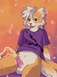 absurd_res anthro balls blue_eyes bodily_fluids bottomless canid canine canis clothed clothing digital_media_(artwork) domestic_dog fur genital_fluids genitals hair hi_res male mammal orange_body orange_fur peeing penis raveneevee shirt simple_background smile solo tail tongue tongue_out topwear urine urine_stream watersports white_body white_fur