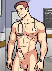 1boy animated animated_gif bara brown_hair cum_drip cumshot doctor erection gay gif hospital human humbug humplex male male_focus male_nipples male_only medical monthly_manful muscles muscular muscular_male muse nude orgasm_face penis stethoscope wristwatch wristwear yaoi