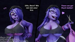 16:9 2026 3d_(artwork) 4k abstract_background absurd_res anthro bacn bacn_(character) big_breasts blender_(artwork) blender_cycles_(artwork) bottomwear bra bra_strap_showing_(meme) breasts clothed clothing comic dialogue digital_media_(artwork) english_description english_text eyewear female fingers fully_clothed glasses hair happy headgear hi_res huge_breasts lagomorph leporid mammal markings meme navel open_mouth partially_clothed purple_hair rabbit scissors smile solo speech_bubble standing star_(marking) teeth text topwear under_boob underwear undressing widescreen