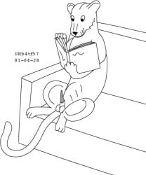 1981 5:6 animal_genitalia animal_penis balls black_and_white book dated erection felid feline feline_genitalia feline_penis feral furniture genitals low_res male mammal monochrome nude_male penis reading sheath simple_background sitting smile sofa solo spread_legs spreading tail toony urbanhermit white_background