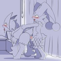 1:1 ambiguous_gender anthro black_body black_fur blush bodily_fluids card censored clothing dancing duo dupin_(pal) felid feline female fur generation_9_pokemon genitals green_body green_fur hand_holding hat headgear headwear hi_res jester lagomorph leaf leporid magician male mammal mask meowscarada nintendo palworld penetration penis pink_eyes pocketpair pokemon pokemon_(species) rabbit staff stage sweat vaginal vaginal_penetration vavacung vulva white_body white_fur yellow_eyes