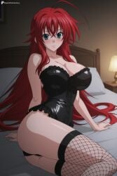 1girl ahoge ai_generated ass bare_shoulders bed black_leotard blush breasts cleavage corset digitalwaifugallery fishnet_thighhighs fishnets green_eyes hair_between_eyes hi_res high_quality high_resolution high_school_dxd indoors large_breasts leotard long_hair looking_at_viewer on_bed patreon red_hair rias_gremory seductive sexy solo thighhighs thighs uncensored very_long_hair watermark