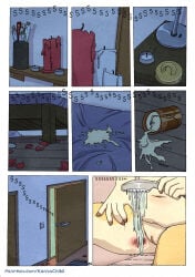 5_fingers aftercare anthro bathroom bedroom bovid bovine burn burn_mark burnt candle cattle clover_(kantachibli) comic english_text female fingers fur genitals hi_res humanoid_hands kantachibli mammal night nude nude_anthro nude_female page_number solo spilled_wax tan_body tan_fur text url vulva water wax