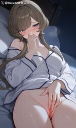 1girls ai_generated bed blue_eyes brown_hair genshin_impact lies masturbation night pussy pussy_juice sandrone_(genshin_impact) shineinsfw solo uncensored