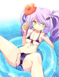 afloat aqua_background bikini blue_background blush breasts bursting_breasts cameltoe chandelure cleavage collarbone cup dot_nose drink erect_nipples eyeliner female female_only finished flat_chest floating flower food front-tie_top fruit glass green_eyes hair_between_eyes hair_flower hair_ornament hairclip highres holding homura_subaru human innertube inviting large_breasts lemon lemon_slice lens_flare long_hair looking_at_viewer lying makeup micro_bikini mouth_hold navel nintendo orange_juice partially_visible_vulva payot personification pokemon pokemon_bw purple_bikini purple_hair purple_swimsuit pussy relaxing side-tie_bikini sideboob skindentation smile solo spread_legs straw swimsuit thighs tied_hair tube twintails underboob untied water