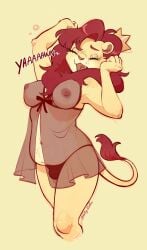 alzina anthro belly breasts bulge clothed clothing crown digital_media_(artwork) eyebrows eyelashes fangs felid feline fingers fur futanari headgear hi_res intersex kirikatt lion mammal mane nightgown nipples nonbinary open_mouth organs pantherine red_body red_fur red_hair red_mane simple_background slightly_chubby solo stomach tail teeth text translucent translucent_clothing underwear yawn