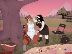 absurd_res achromasloth alternative_fashion anthro applying_makeup boots bottomwear clothed clothing crossdressing dress duo erection erection_under_clothing erection_under_skirt female footwear forest_background goth hi_res jewelry lipstick ludd makeup male male/female mammal mountain_range necklace park personal_grooming picnic pilosan plant procyonid raccoon shoes skirt sloth tree vicky_(lazzzy_drawings) xenarthran